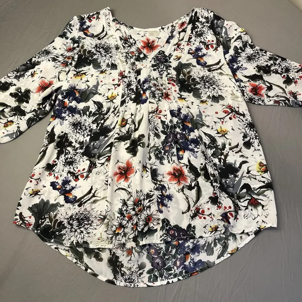 Dalia Blouse Womens 1X Floral Multicolored 3/4 Sleeve Boho Artsy Abstract - Picture 3 of 13
